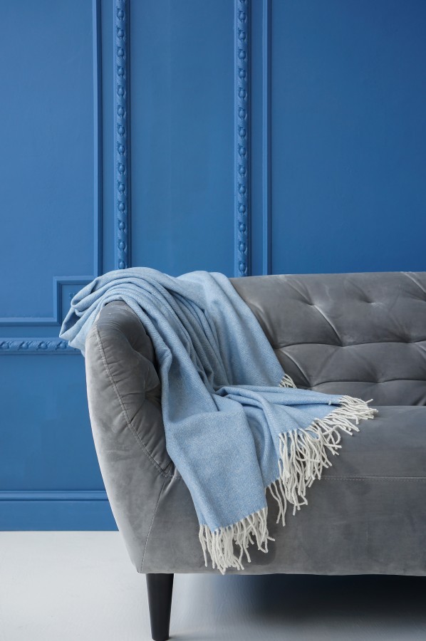 Blue Herringbone Merino Wool Blanket