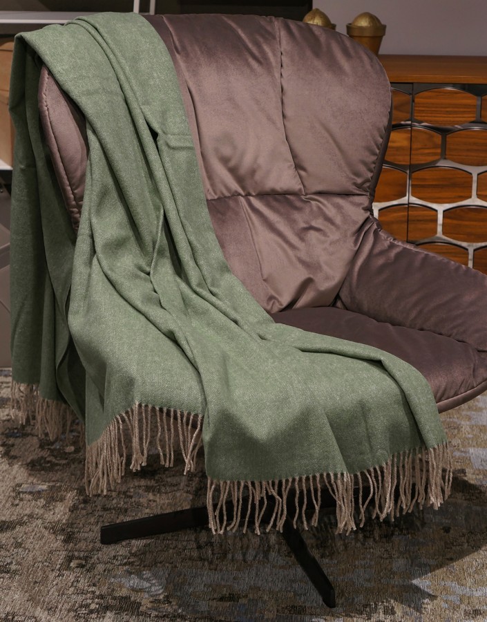 Green Herringbone Merino Wool Blanket Throw