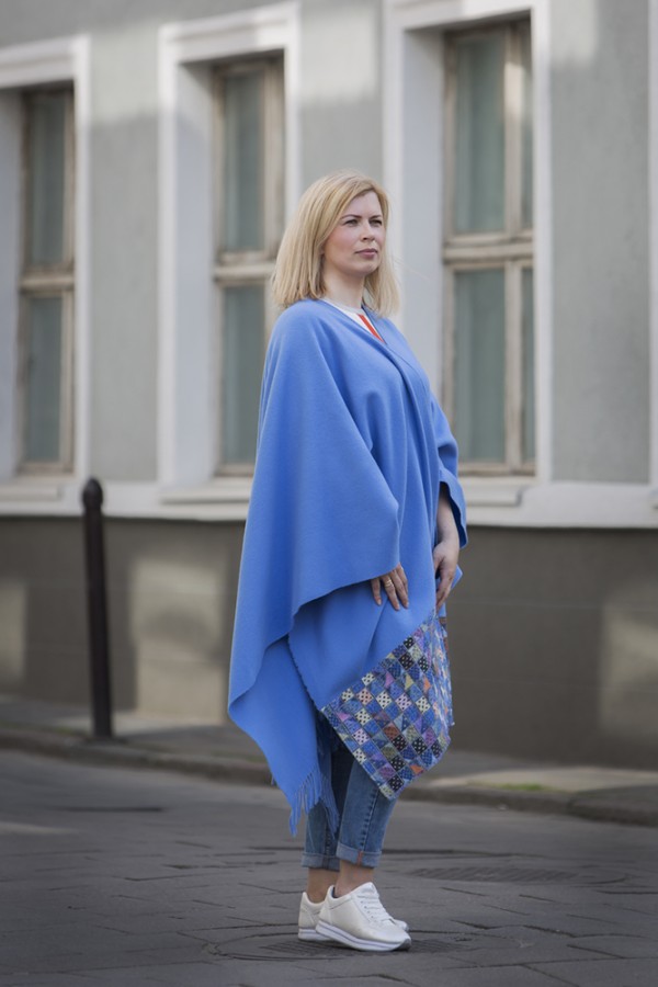Sky Blue Wool Poncho With Pattern